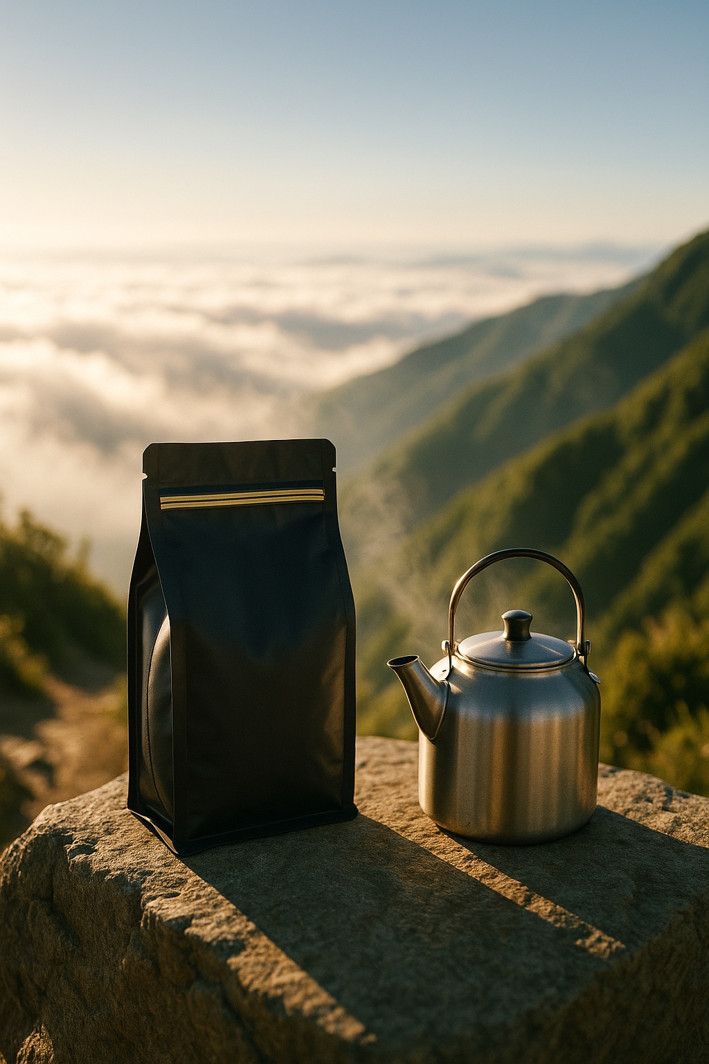 山徑清晨，咖啡袋與旅行水壺放在苔石上，霧海翻過遠方山稜